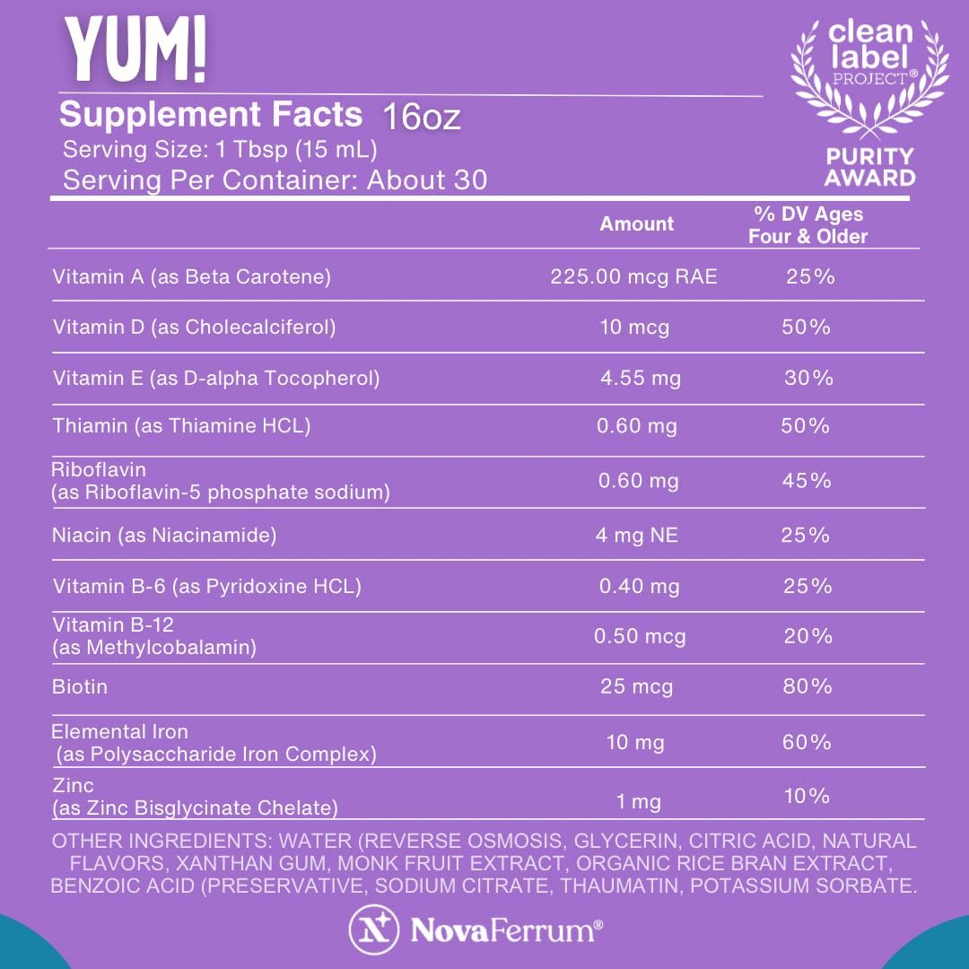 NovaFerrum Yum Multivitamin with Iron, 473 ml – Sugar Free, Gluten-free, Raspberry and Grape Flavour - görsel 3