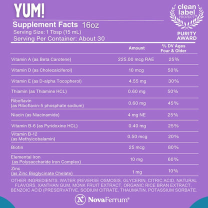 NovaFerrum Yum Multivitamin with Iron, 473 ml – Sugar Free, Gluten-free, Raspberry and Grape Flavour