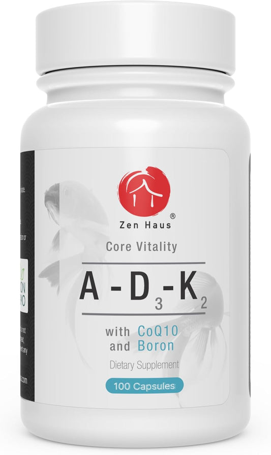 Zen Haus ADK Vitamins A, D3, K2, E with CoQ10 and Alpha Lipoic Acid – Bone, Heart and Immune Health – 100 Capsules