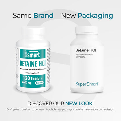 Supersmart Betaine HCl 2600 mg – Hydrochloric Acid Formula for Healthy Digestion, Non-GMO & Gluten-free – 120 Tablets