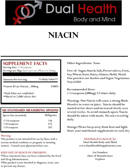 Niacin Powder (500g) Vitamin B3 Supplement Immediate Release Niacin with Flush Nicotinic Acid Non-GMO, Vegan, Gluten-free Fast Absorption No GMOs, Fillers, Additives, Heavy Metals