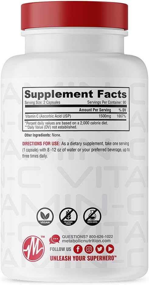 Metabolic Nutrition Vitamin C, 1500mg, Pure Pharma Grade, High Absorption Ascorbic Acid Capsules (90 Caps) – Image 2
