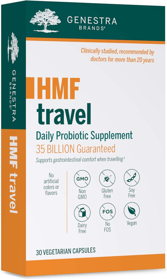 Genestra Brands - HMF Travel - Shelf Stable Probiotics to Support Gastrointestinal Health When Traveling - 30 Capsules