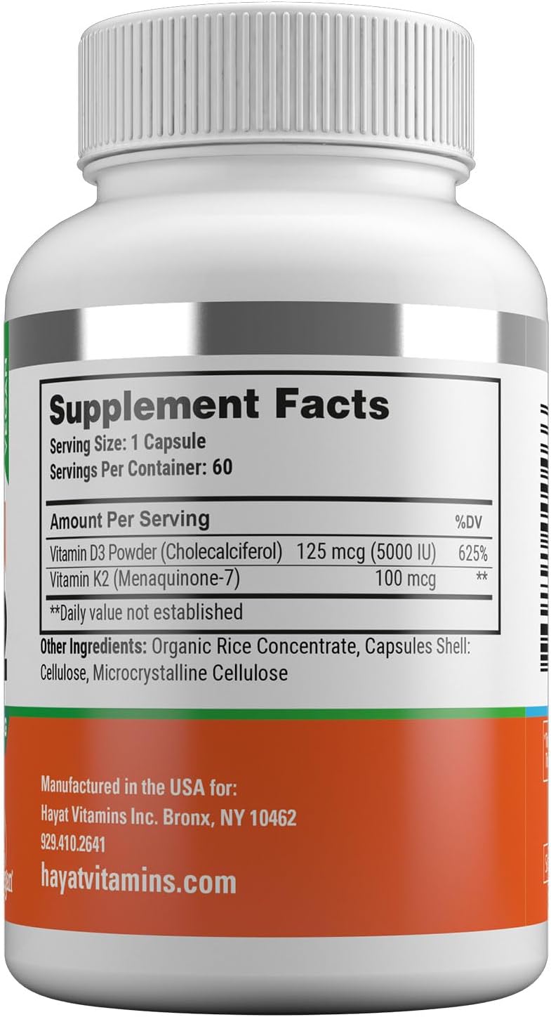 HAYAT Vitamins Vegan Vitamin D3+K2 (5000 IU + 100 mcg) – 60 Capsules - görsel 3