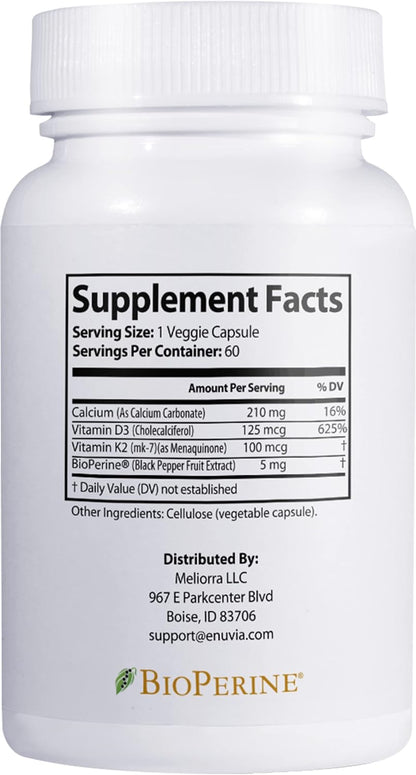 Enuvia D3+K2: Vitamin D3 & K2 Food Supplement with BioPerine, 60 Vegetarian Capsules