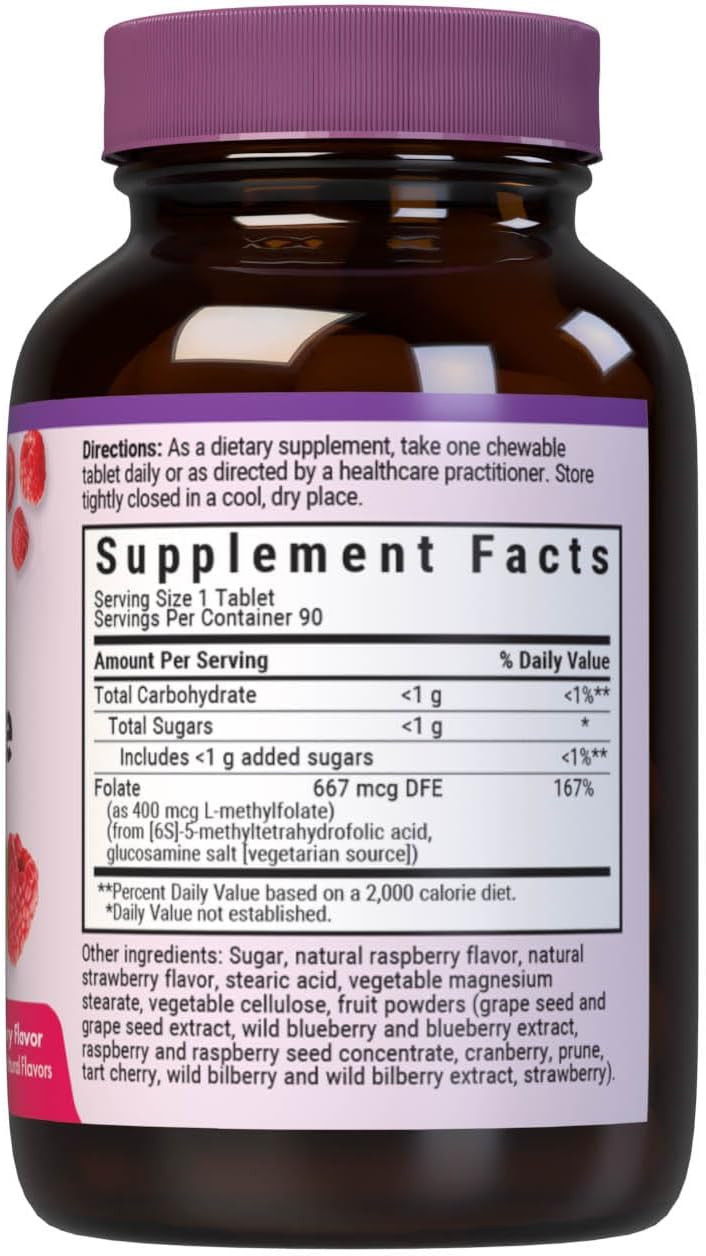 Bluebonnet EarthSweet Methylfolate 400 mcg Cellular Active Coenzyme 5-MTHF L-Methylfolate Supplement, Raspberry, 90 Chewable Tablets - görsel 2