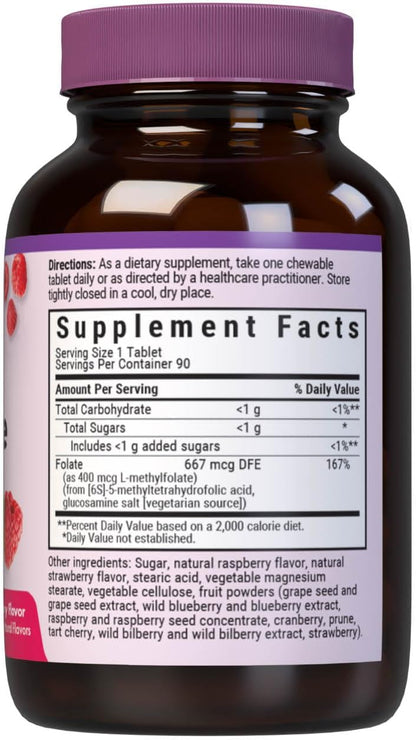 Bluebonnet EarthSweet Methylfolate 400 mcg Cellular Active Coenzyme 5-MTHF L-Methylfolate Supplement, Raspberry, 90 Chewable Tablets
