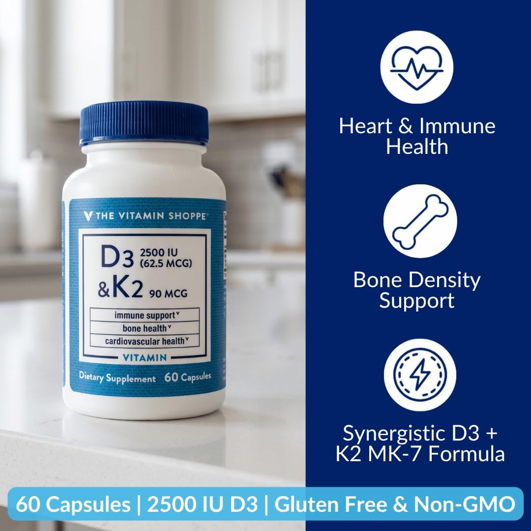 The Vitamin Shoppe Vitamin D3 2500 IU & K2 90 mcg with Calcium, D3 K2 MK7 Capsules for Bone Health, Immune Support & Cardiovascular Health, 60 Capsules - görsel 2
