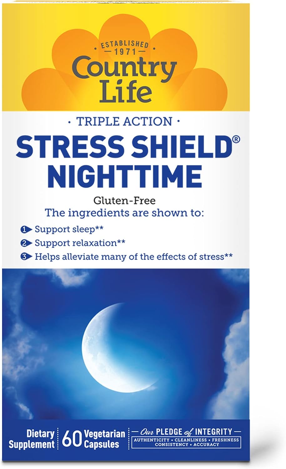 Country Life Stress Shield Night-time – Stress & Relaxation Support Supplement – Sensoril® Ashwagandha, GABA & L-Theanine – Magnesium & Vitamin B5 – Gluten Free, Vegan – 60 Vegetarian Capsules - görsel 1