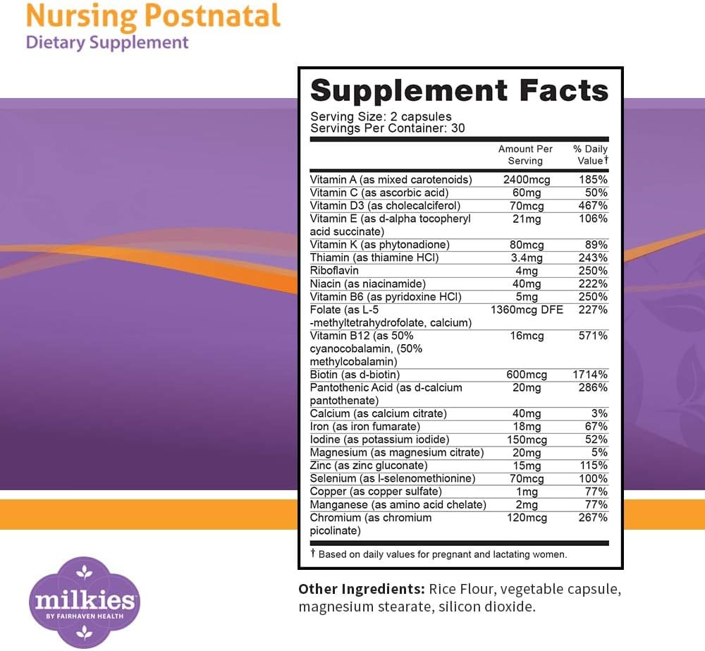 Milkies Fairhaven Health Nursing Postnatal Multivitamin for Breastfeeding Mum - Vitamin D & B, Vegetarian, Gluten-Free - 60 Capsules - görsel 2