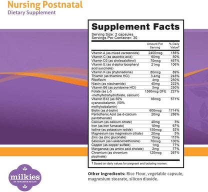 Milkies Fairhaven Health Nursing Postnatal Vegetarian Supplement for Breastfeeding Women with Vitamin D and B
