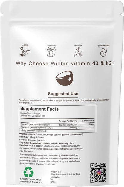 300 Pcs 2 in 1 Vitamin D3 10000 IU Plus K2 (MK-7) 200 mcg, Coconut Oil Soft gel capsules with Vitamins D & K