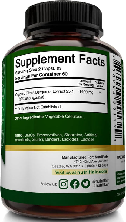 NutriFlair Organic Citrus Bergamot 1400mg - 25:1 Extract - Heart Health Supplement, 120 Vegan Capsules – Image 7