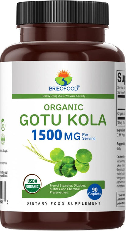 Brieofood Organic Gotu Kola 1500mg, 45 Servings, Vegetarian, Gluten-free, 90 Vegetarian Tablets