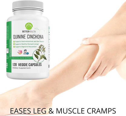 Better Health Quinine Cinchona Bark Extract Herbal Food Supplement for Digestive Comfort & Leg Cramp Relief – 500 mg (120 Capsules)