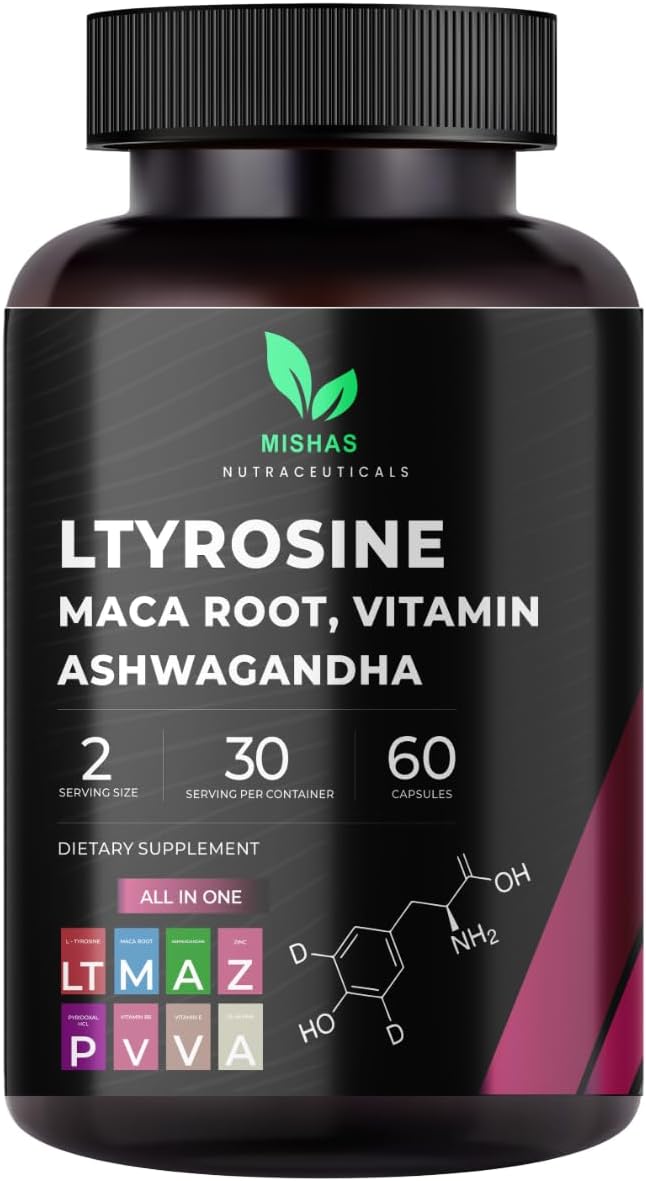 Mishas Nutraceuticals L-Tyrosine with Maca Root, Ashwagandha & Vitamins Complex – Energy, Mental Focus, Stress Relief & Immunity Support – 60 Capsules (30 Servings) - görsel 1