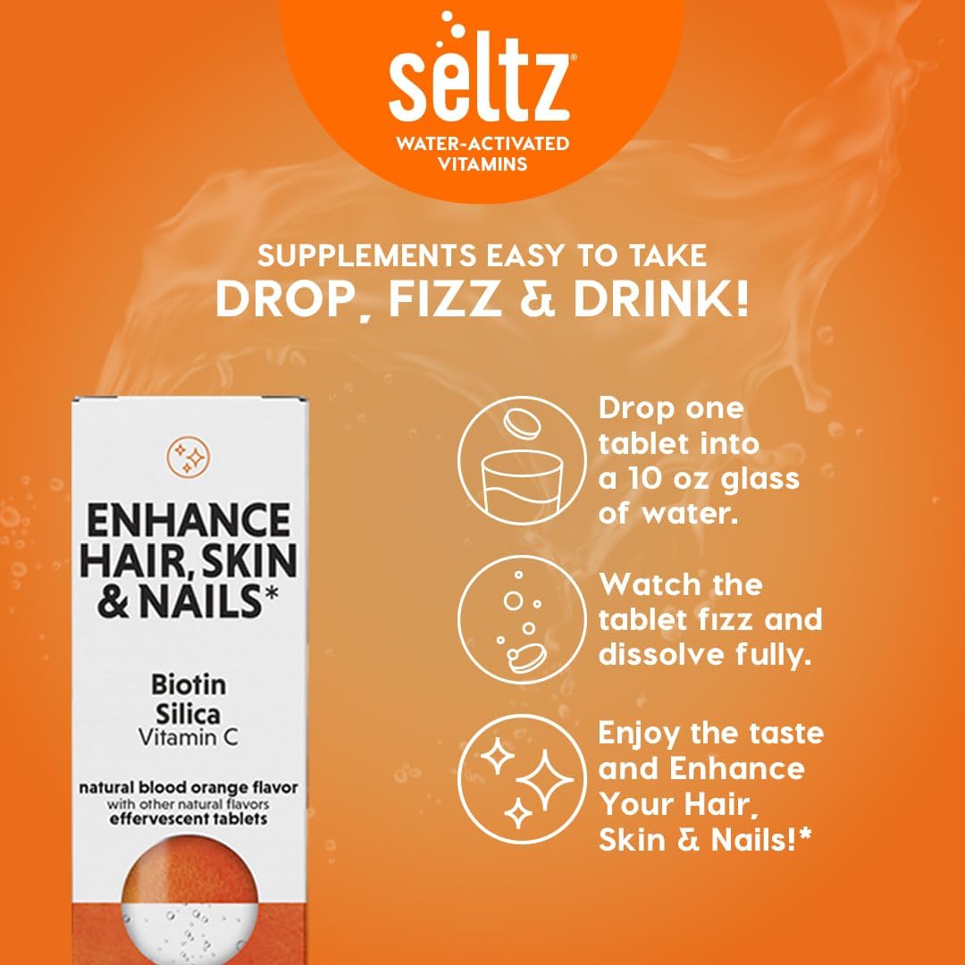 Seltz Hair, Skin and Nails Drink Tablets – Biotin Food Supplement with Vitamin C and Silica, Effervescent, No Added Sugar, Blood Orange Flavour, 6 Pack - görsel 5