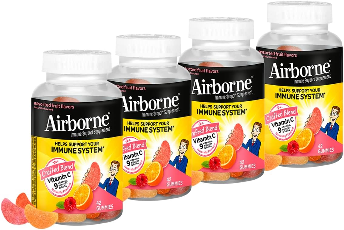 Airborne Vitamin C Immune Support Gummies – 750mg, Assorted Fruit Flavours, 4 Pack (168 Gummies) - görsel 1