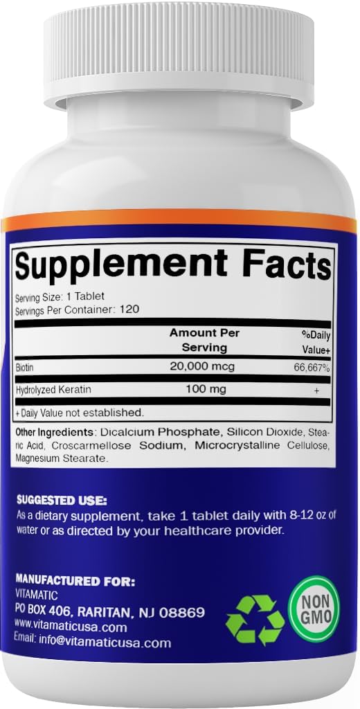 Vitamatic High Potency Biotin 20000 mcg (20 mg) with Keratin 100 mg – 120 Tablets (Pack of 2) - görsel 9