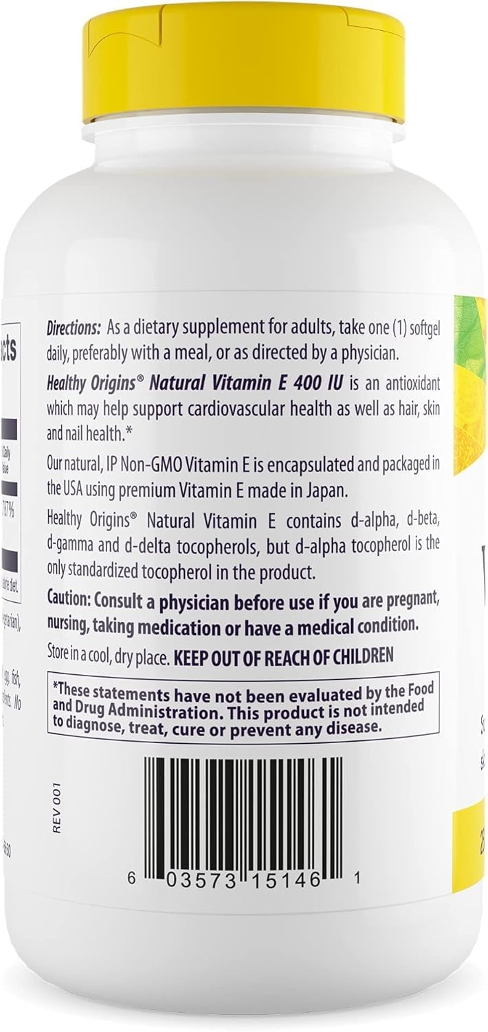 Healthy Origins Vitamin E 400 IU (Natural, Non-GMO, Gluten-free, Skin Support, Cardiovascular Support), 360 Softgels - görsel 3