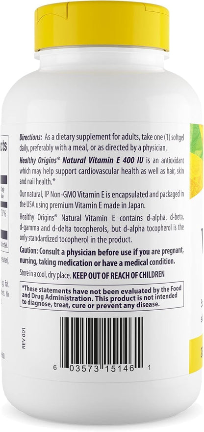 Healthy Origins Vitamin E 400 IU (Natural, Non-GMO, Gluten-free, Skin Support, Cardiovascular Support), 360 Softgels