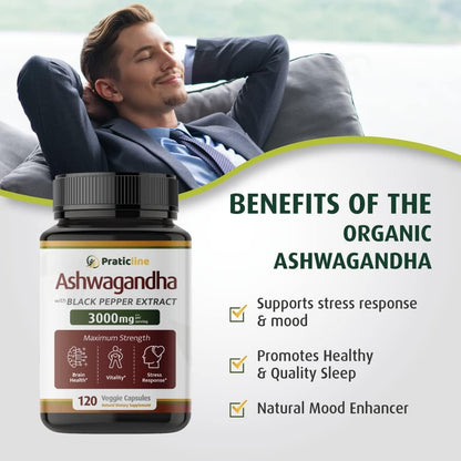 PRATIC LINE Ashwagandha Capsules 3000 mg - 120 Vegan Capsules, Organic Root Powder & Extract, Gluten-free, Made in USA