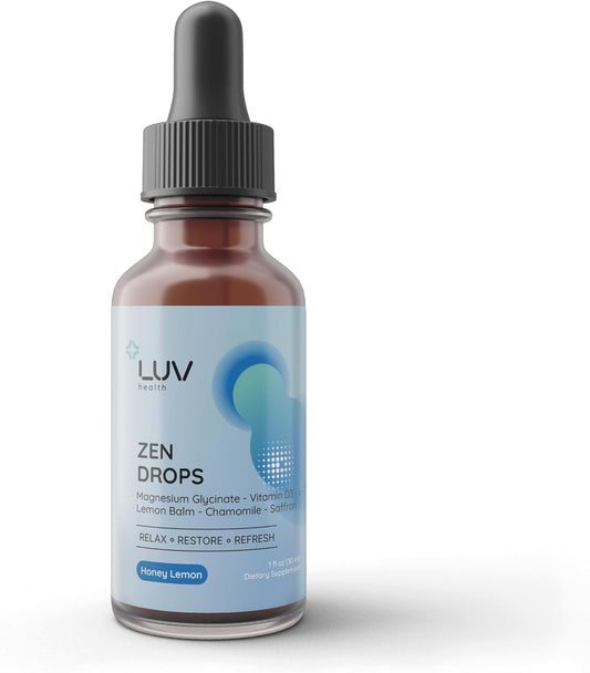 LUV Zen Drops: Food Supplement with Magnesium Glycinate, Vitamin D3, Lemon Balm, Chamomile, Saffron, L-Theanine – Vegan, Non-GMO, 30 Servings