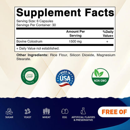 Vitamatic Bovine Colostrum 30% IgG Supplement 1500 mg per Serving – Gut Health, Hair Growth, Beauty, Muscle Recovery & Immune Support – 180 Vegetable Capsules