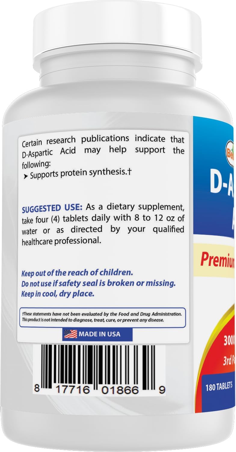 Best Naturals D-Aspartic Acid (DAA) 3000mg per Serving – Non-GMO & Gluten-free – 180 Tablets – Image 7