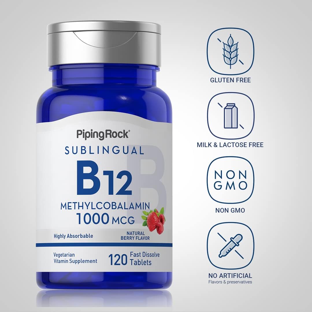 Piping Rock Vitamin B12 1000 mcg Sublingual Tablets - Methylcobalamin, Berry Flavour - 120 Count - görsel 3