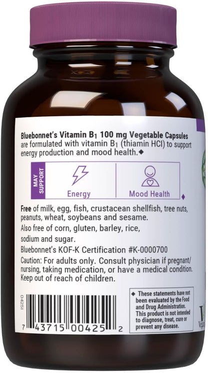 Bluebonnet Vitamin B1 100 mg - Thiamine HCl Supplement