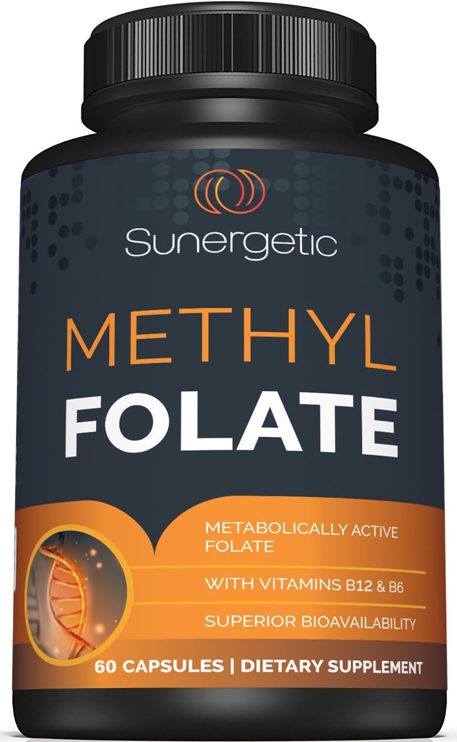 Sunergetic Premium Methyl Folate Supplement – with Methylated Vitamin B12 and Vitamin B6 – Metabolically Active Folate as Magnafolate – 400 mcg per Capsule – 60 Capsules - görsel 1