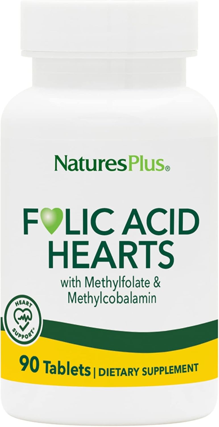 NaturesPlus Folic Acid Hearts - 90 Tablets - with Methylfolate, B6 and B12 - Gluten-free, Vegetarian - görsel 1