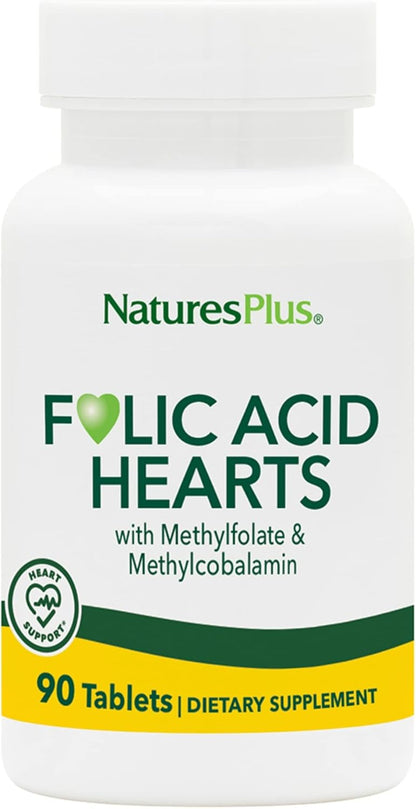 NaturesPlus Folic Acid Hearts - 90 Tablets - with Methylfolate, B6 and B12 - Gluten-free, Vegetarian