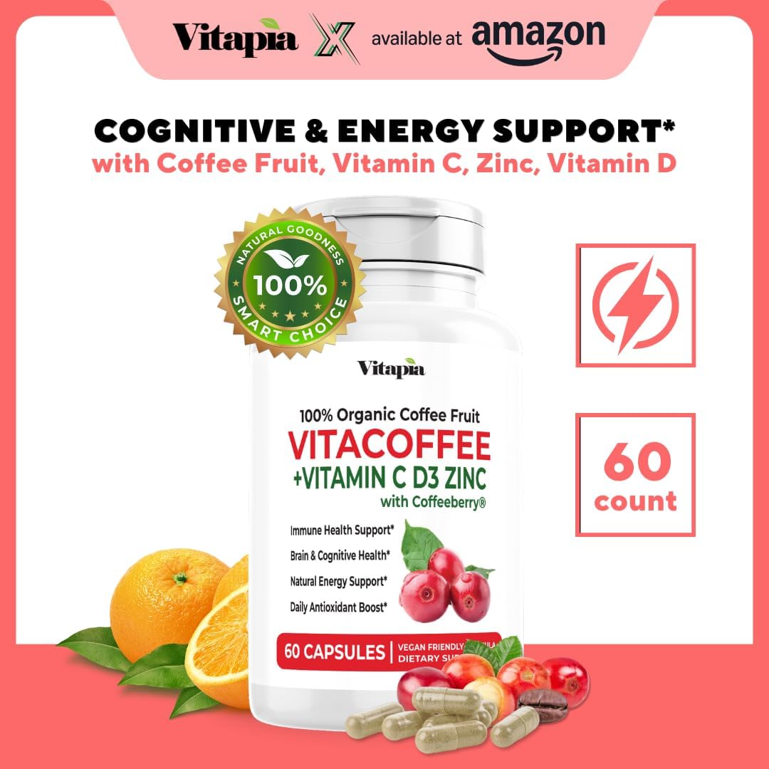 Vitacoffee Caffeine Capsules – Coffee Fruit, Vitamin C, D, Zinc – Energy, Memory, Focus – 60 Veggie Capsules - görsel 2
