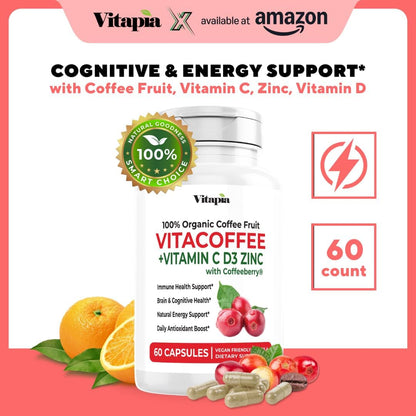 Vitacoffee Caffeine Capsules – Coffee Fruit, Vitamin C, D, Zinc – Energy, Memory, Focus – 60 Veggie Capsules