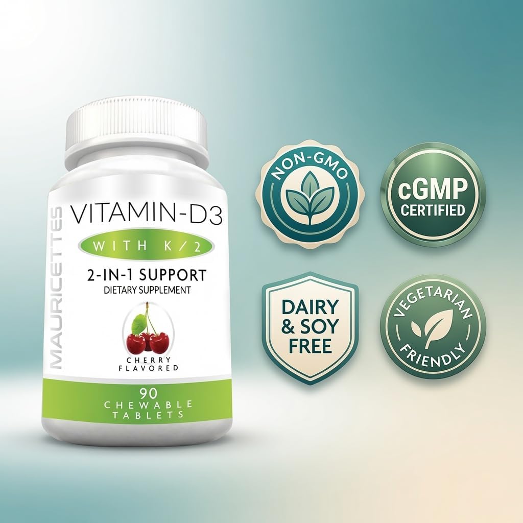 Mauricettes Chewable Vitamin D3 + K2 (MK-7) - Cherry Flavour - 2,000 IU, 90 Tablets - görsel 6