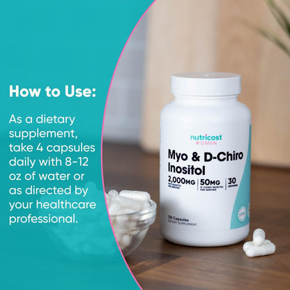 Nutricost Myo Inositol & D-Chiro Inositol for Women 2000 mg, 120 Capsules, 2000 mg Myo & 50 mg D-Chiro Per Serving, 30 Servings, Vegetarian-Friendly, Non-GMO & Gluten-free
