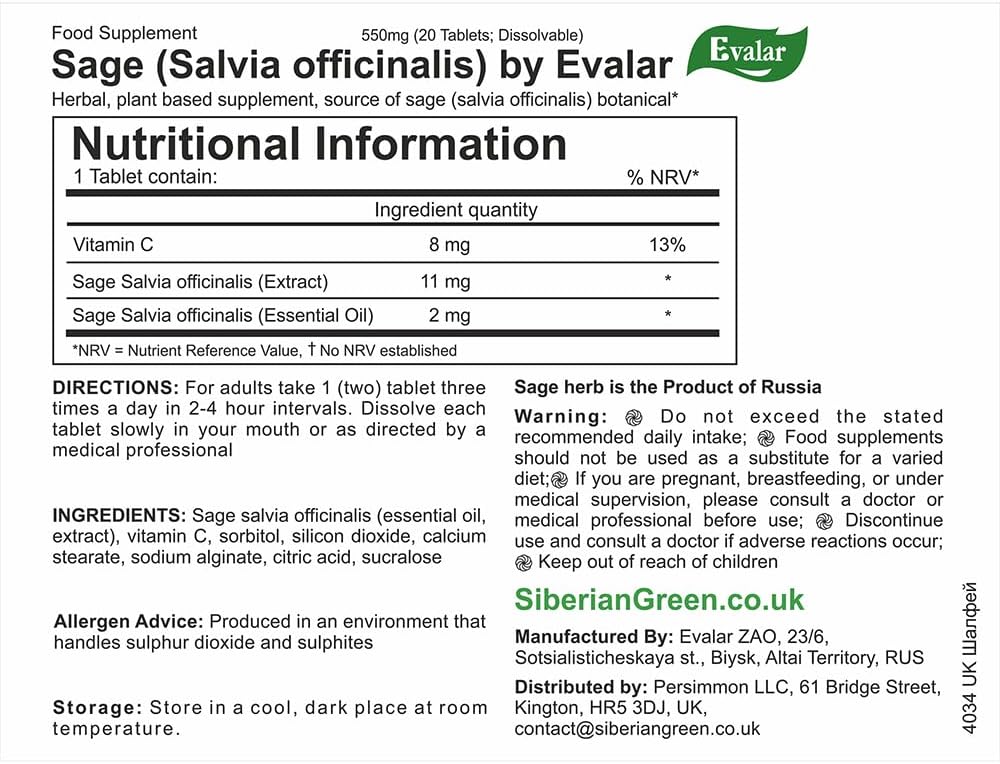 Evalar Sage (Salvia officinalis) Dissolvable Tablets – 20 Tablets - görsel 4