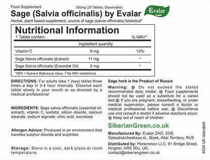 Evalar Sage (Salvia officinalis) Dissolvable Tablets – 20 Tablets