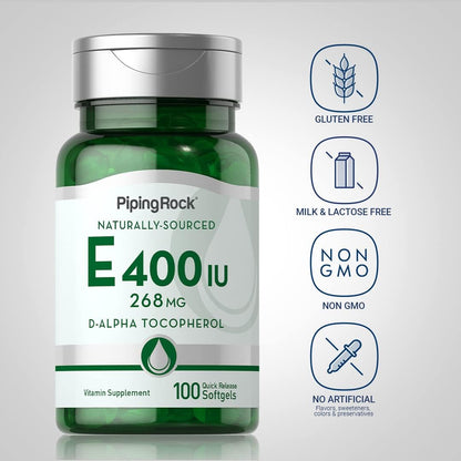Piping Rock Vitamin E 400 IU Soft gel capsule Capsules | 268mg | 100 Pills | D-Alpha Tocopherol | Non-GMO, Gluten-free Supplement