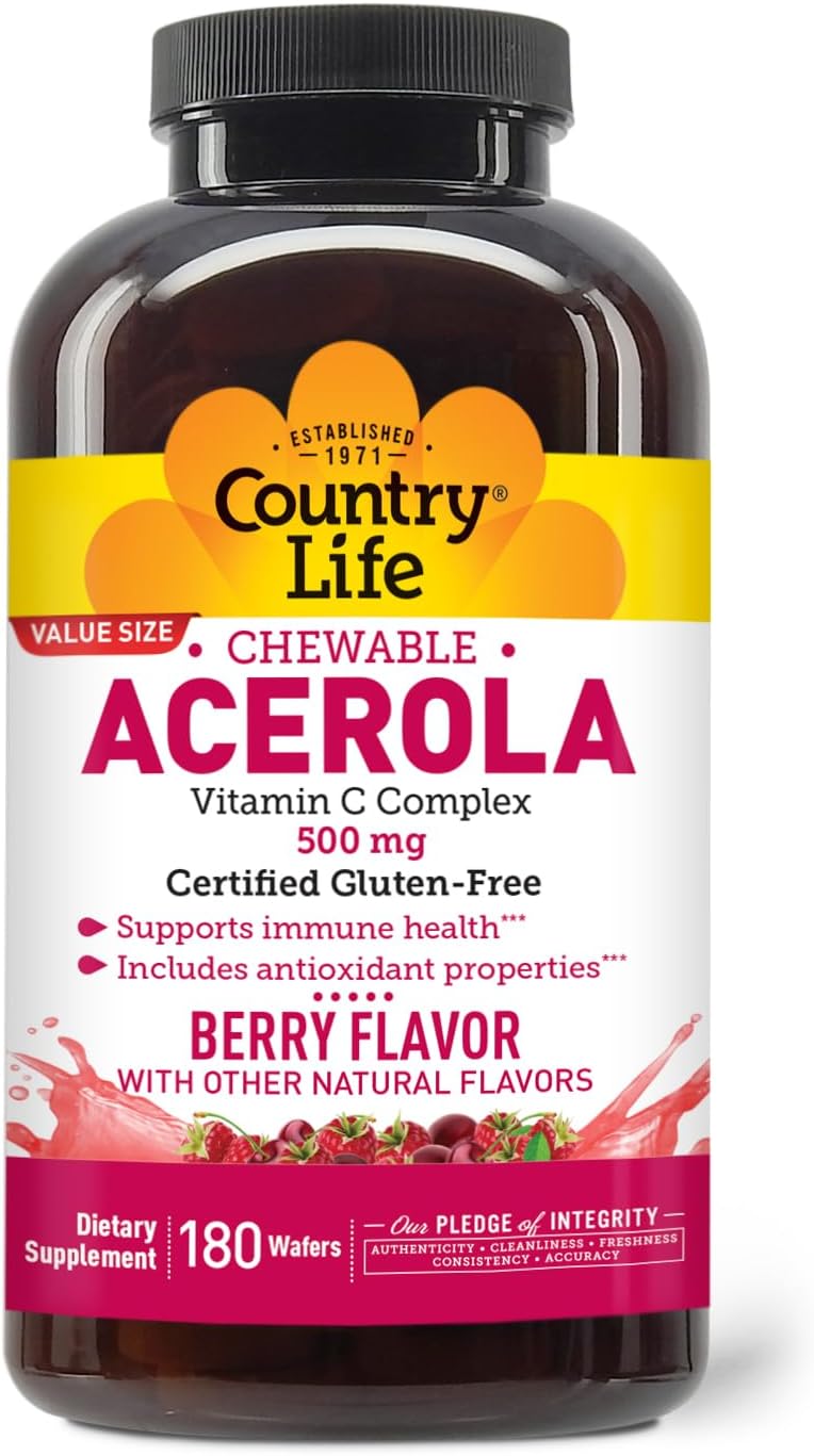 Country Life Acerola Vitamin C Complex – 500mg Chewable Berry Flavoured Wafers – Supports Immune System – 180 Count - görsel 1