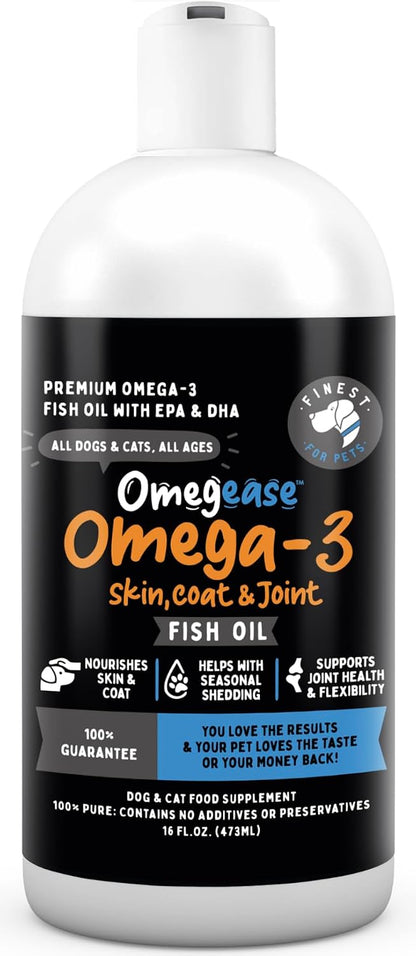 100% Pure Fish Oil for Dogs & Cats (1,545 mg Omega-3 per 5 ml serving) 454 ml. Loaded with EPA & DHA for Joints, Skin & Coat, Itching, Heart & Immune Health. Stronger Than Salmon Oil. Unflavoured Omegease.