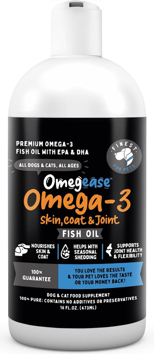 100% Pure Fish Oil for Dogs & Cats (1,545 mg Omega-3 per 5 ml serving) 454 ml. Loaded with EPA & DHA for Joints, Skin & Coat, Itching, Heart & Immune Health. Stronger Than Salmon Oil. Unflavoured Omegease.