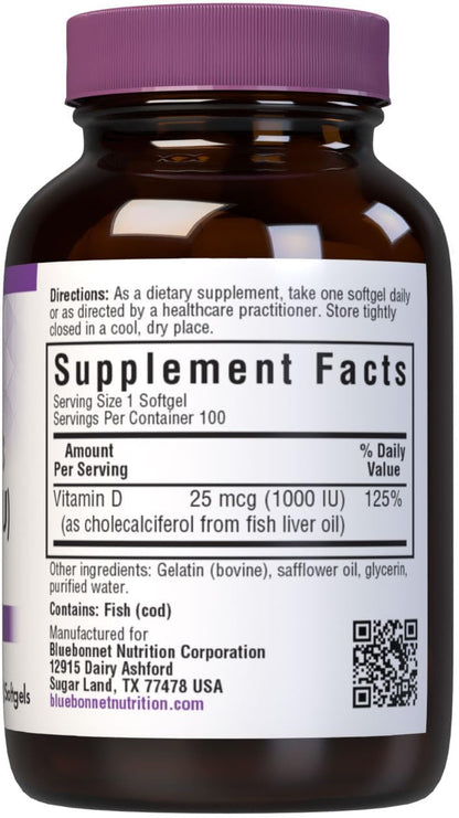 Bluebonnet Nutrition Vitamin D3 1000 IU Softgels – Non-GMO, Gluten-Free, 100 Softgels