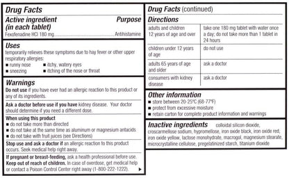 Quality Choice Fexofenadine HCL 180 mg Tablets, 15 Count