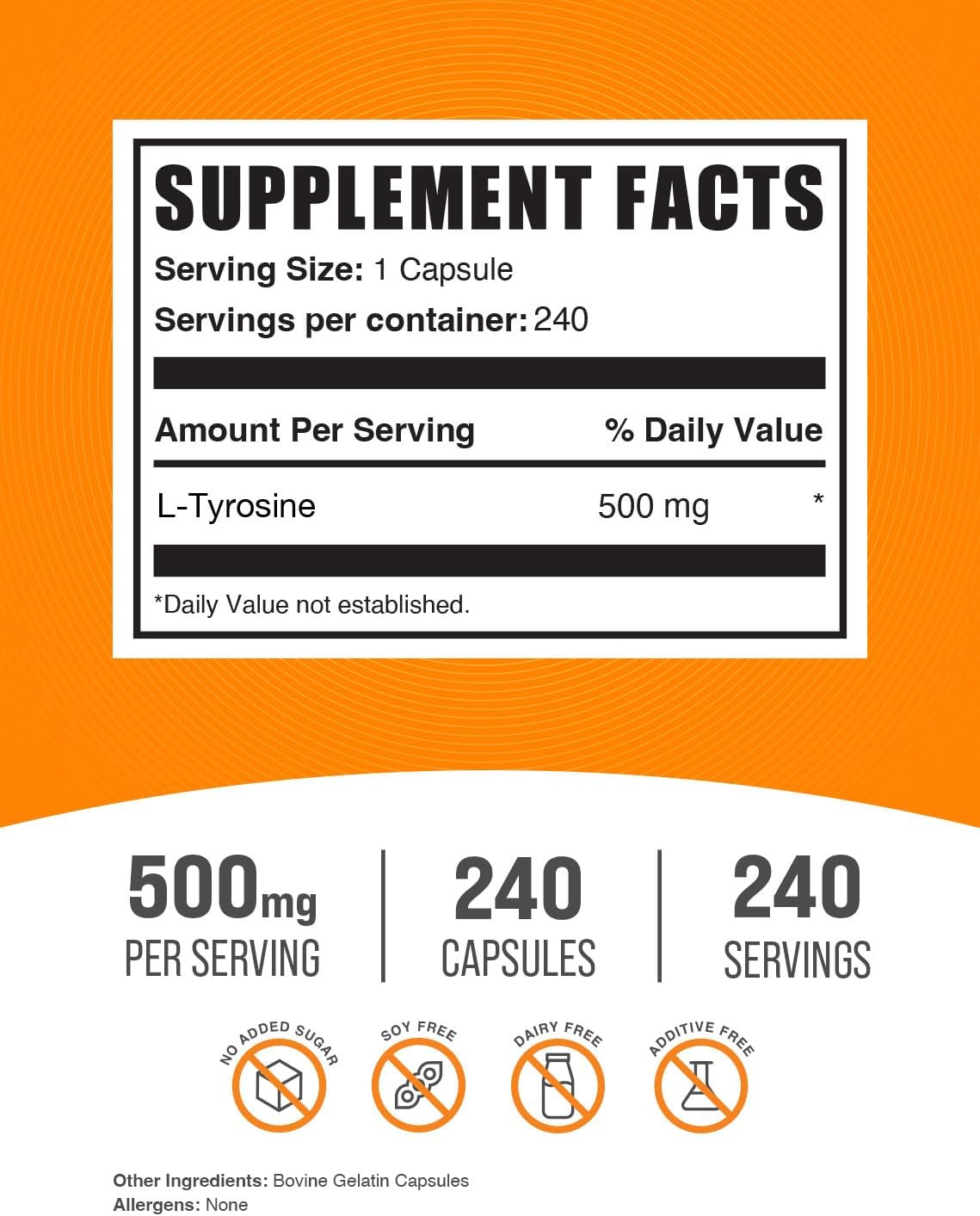 BulkSupplements L-Tyrosine 500mg Capsules (240 Count) - görsel 2