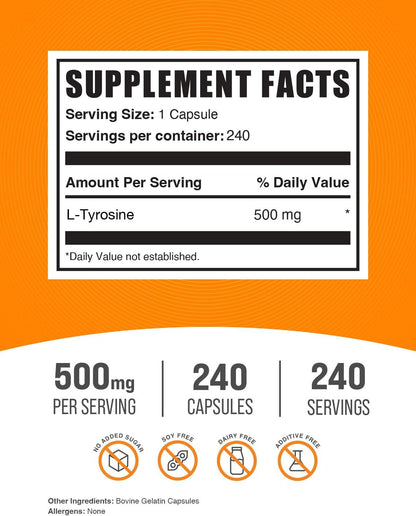 BulkSupplements L-Tyrosine 500mg Capsules (240 Count)