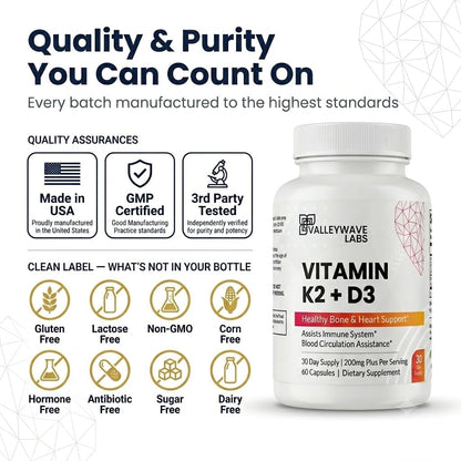 Vitamin D3 K2 Capsules - 2-in-1: Vitamin K2 MK7 100 mcg + Vitamin D3 5000 IU (125 mcg) - Bones, Teeth, Muscles & Immune Health - 60 Capsules