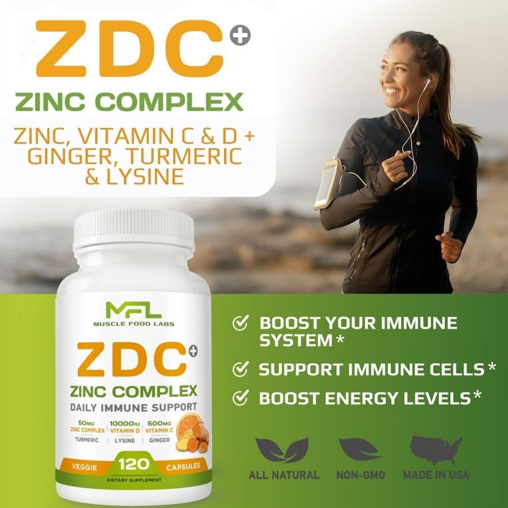 ZDC Plus Vitamin C 500mg with D3, Zinc, Turmeric, Ginger, Lysine - 120 Vegetable Capsules - görsel 3